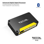 Recoil R46 4-channel car amplifier in black and yellow, featuring multiple input/output ports and Bluetooth connectivity.