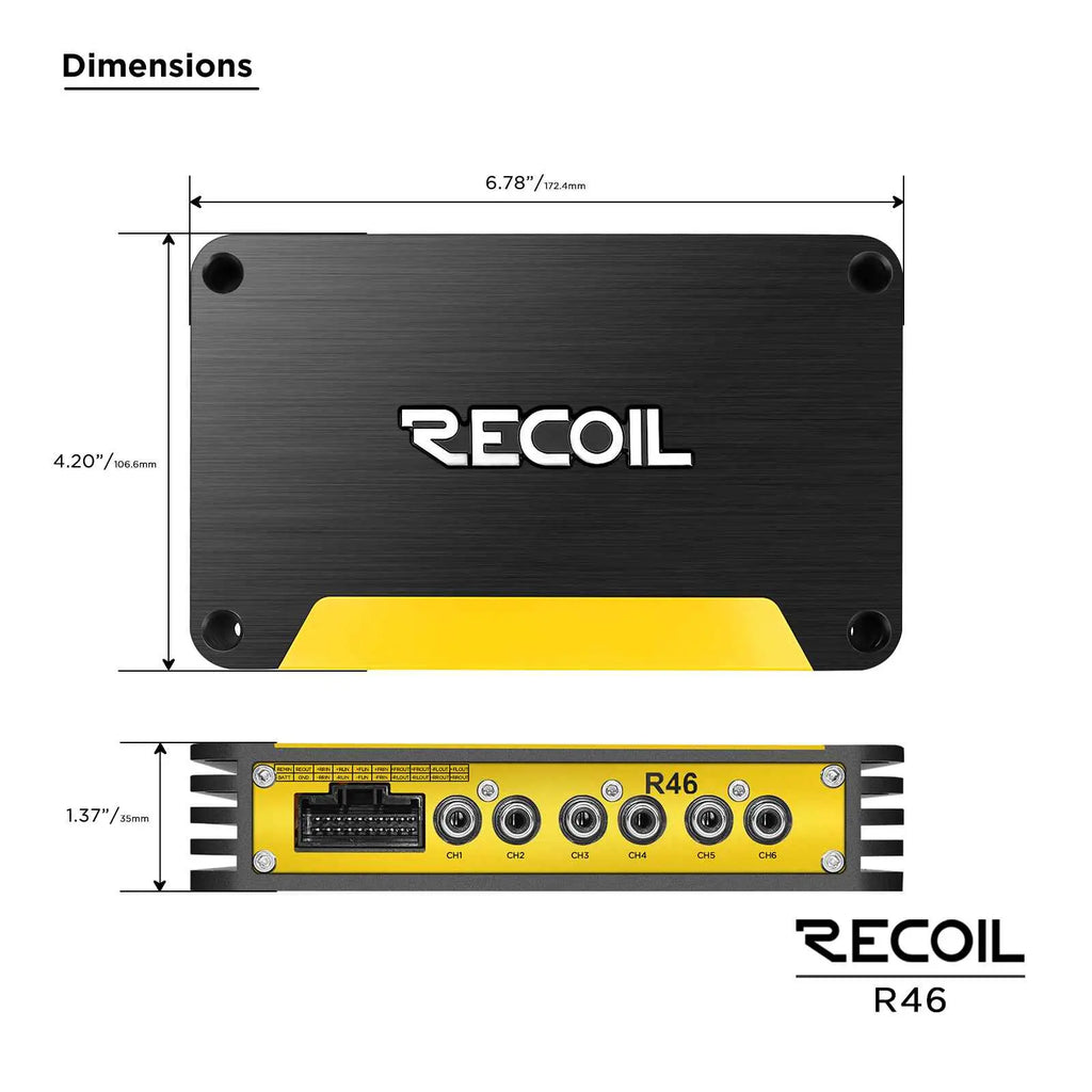 Compact black and yellow Recoil R46 car amplifier with multiple inputs and outputs, featuring detailed measurements displayed.