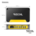 Compact black and yellow Recoil R46 car amplifier with multiple inputs and outputs, featuring detailed measurements displayed.