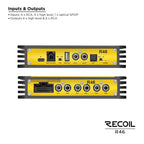 Recoil R46 audio amplifier with a yellow and black design. Features 4 RCA inputs, high-level outputs, and a USB port.