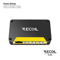 Recoil R46 amplifier with a sleek black design and yellow accents, featuring RCA inputs and outputs.