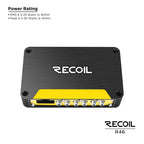 Recoil R46 amplifier with a sleek black design and yellow accents, featuring RCA inputs and outputs.