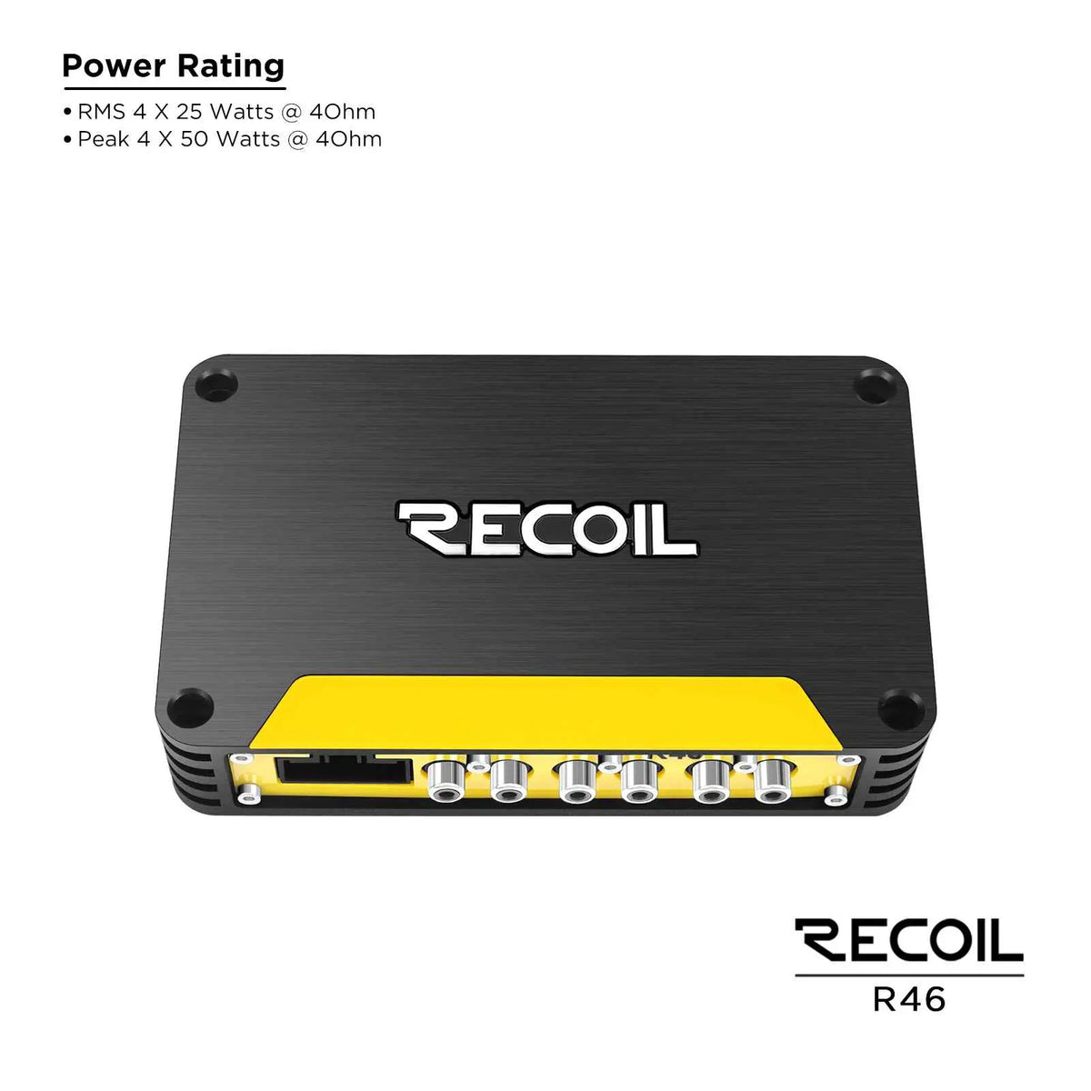 Recoil R46 amplifier with a sleek black design and yellow accents, featuring RCA inputs and outputs.