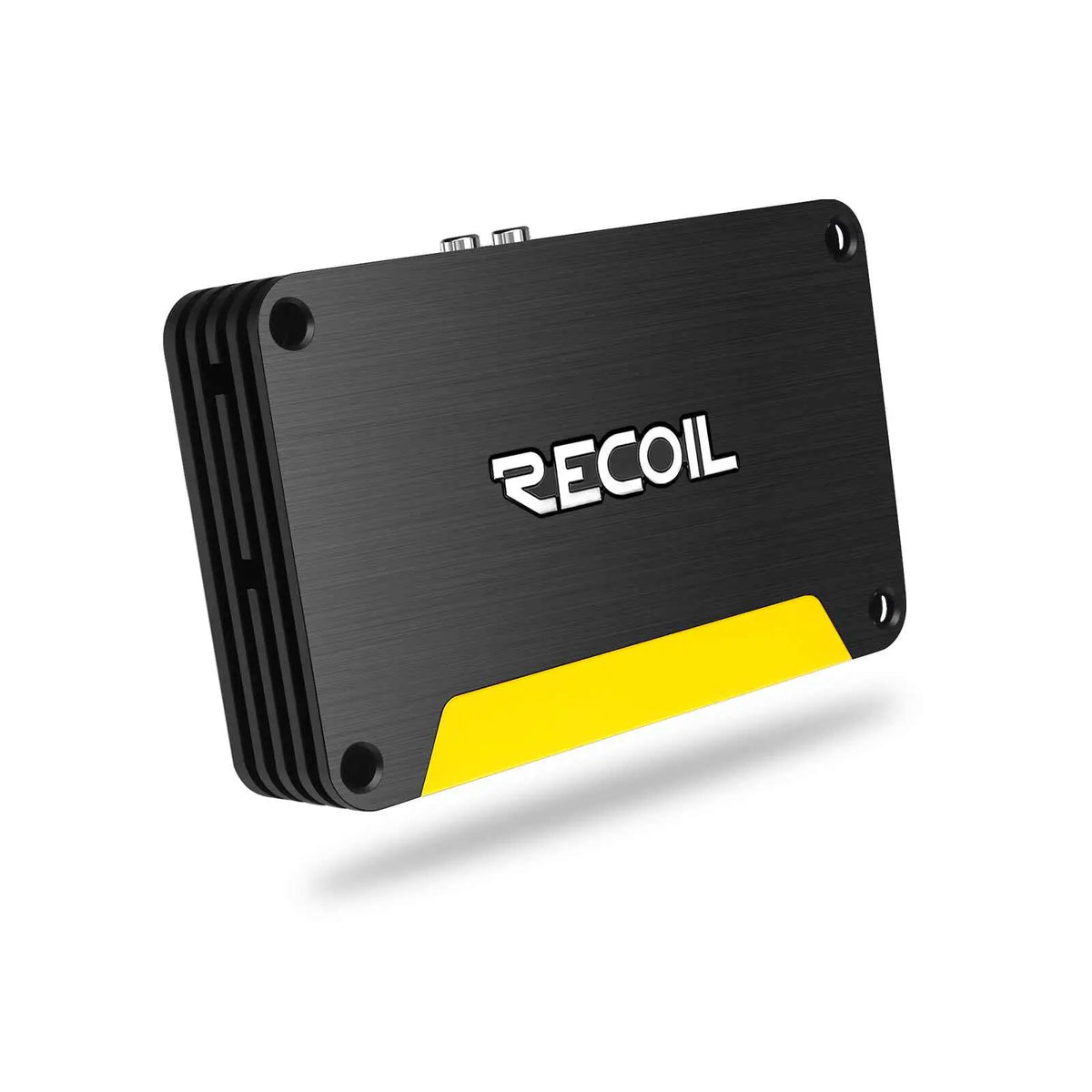 Compact black Recoil R46 car amplifier with a yellow accent, featuring heat sinks and input/output ports for audio connections.