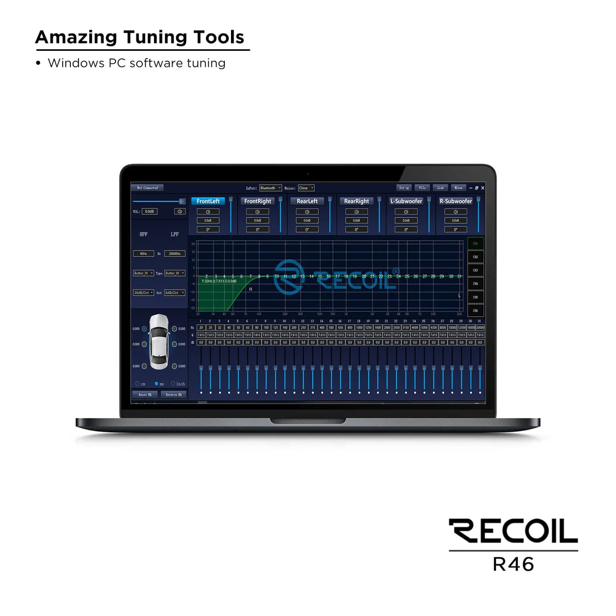 Windows PC software interface for Recoil R46, featuring audio tuning controls and a visual equalizer display.