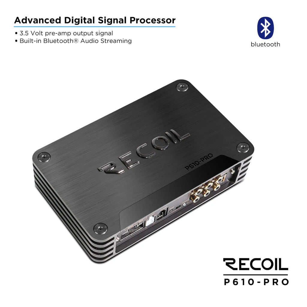 Recoil P610-PRO DSP amplifier in black with multiple RCA inputs and outputs, highlighting Bluetooth capability.