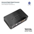 Recoil P610-PRO DSP amplifier in black with multiple RCA inputs and outputs, highlighting Bluetooth capability.