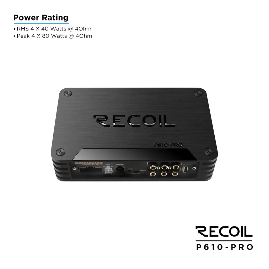 Compact black amplifier with a textured surface and embossed logo, featuring multiple RCA inputs and outputs.