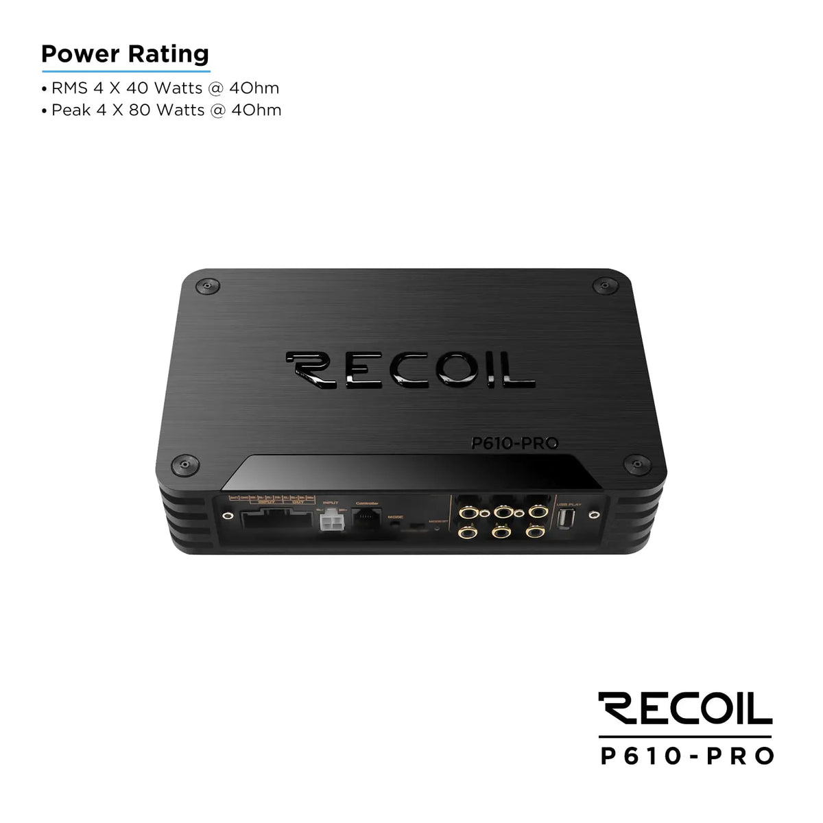 Compact black amplifier with a textured surface and embossed logo, featuring multiple RCA inputs and outputs.