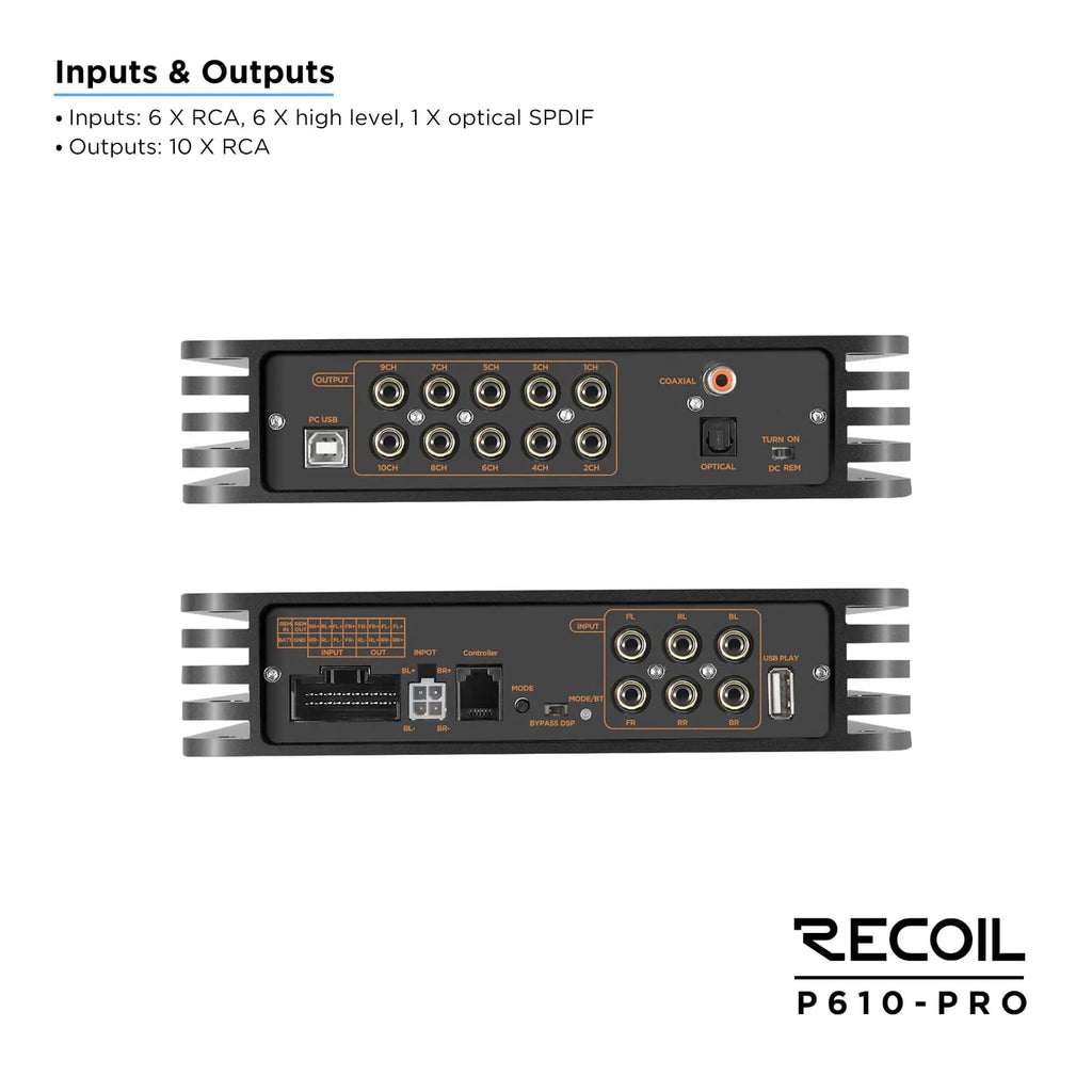 Recoil P610-PRO 10-channel DSP amplifier with multiple RCA inputs and outputs, black metal casing, compact design.