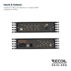 Recoil P610-PRO 10-channel DSP amplifier with multiple RCA inputs and outputs, black metal casing, compact design.
