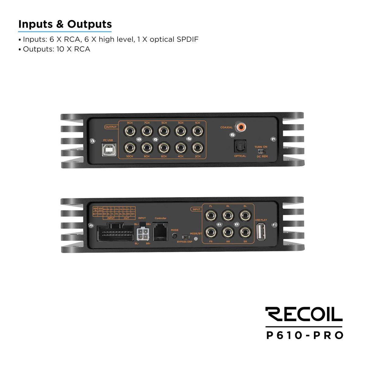 Recoil P610-PRO 10-channel DSP amplifier with multiple RCA inputs and outputs, black metal casing, compact design.