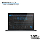 Digital interface of the Recoil P610-PRO DSP Amplifier displaying tuning options and controls on a laptop screen.