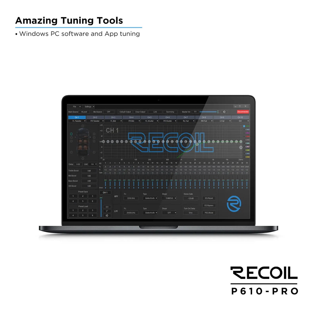 Digital interface of the Recoil P610-PRO DSP Amplifier displaying tuning options and controls on a laptop screen.