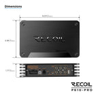 Recoil P610-PRO amplifier with a sleek black design, featuring RCA inputs and outputs, measuring 8.03" x 4.96" x 1.77".
