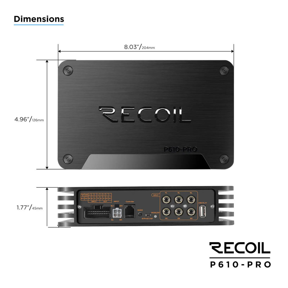 Recoil P610-PRO amplifier with a sleek black design, featuring RCA inputs and outputs, measuring 8.03" x 4.96" x 1.77".