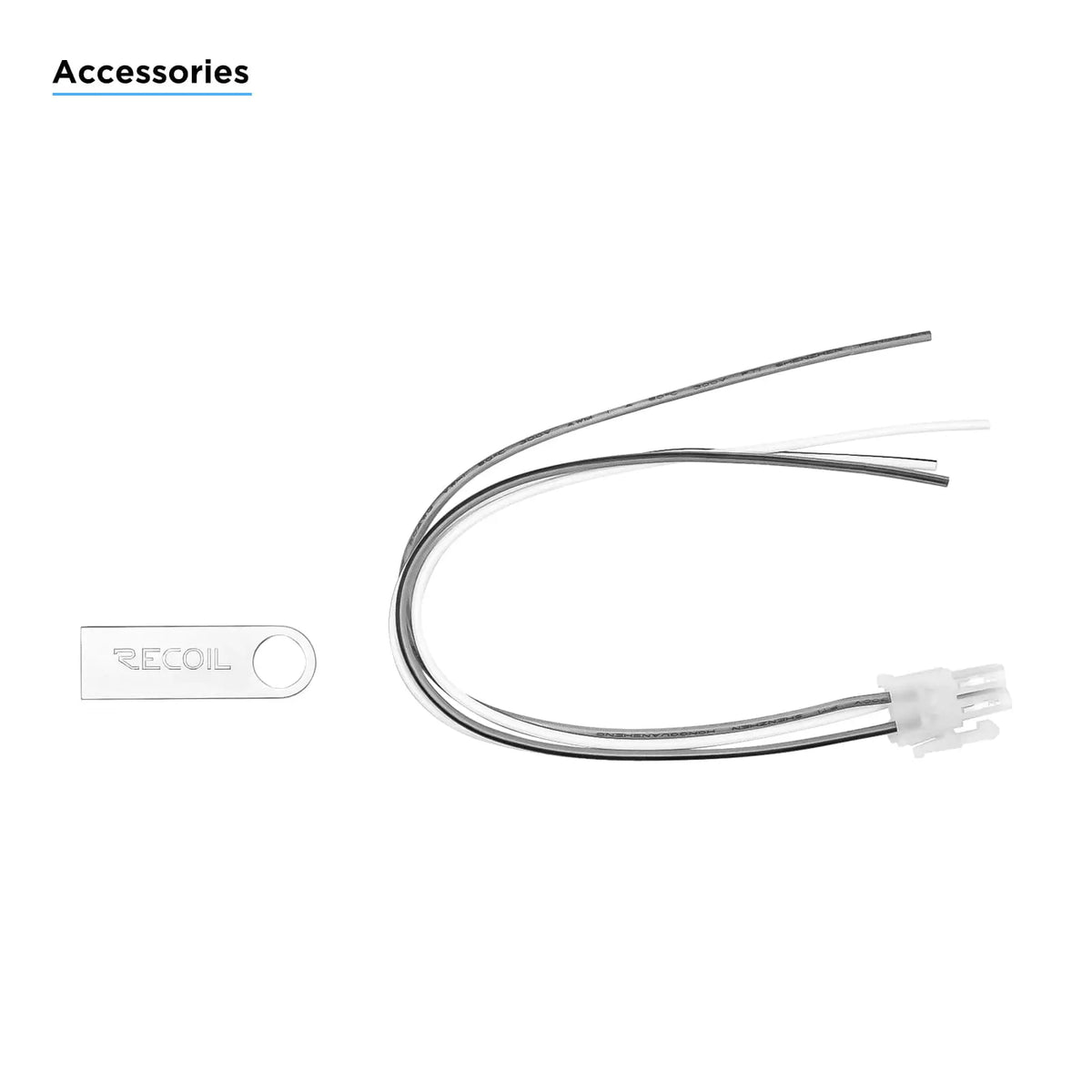 Recoil wiring harness and tool, featuring two metal wires and a plastic connector for audio installation.
