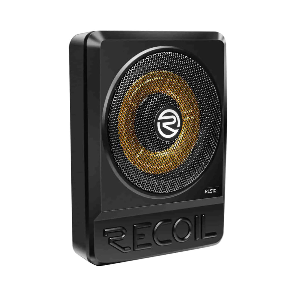 Compact black car subwoofer featuring a gold accent mesh grille, labeled RLS10, ideal for under-seat installation.