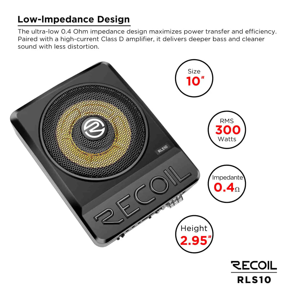 Compact black 10-inch active subwoofer with gold accents, designed for under-seat car installation. Height: 2.95 inches.