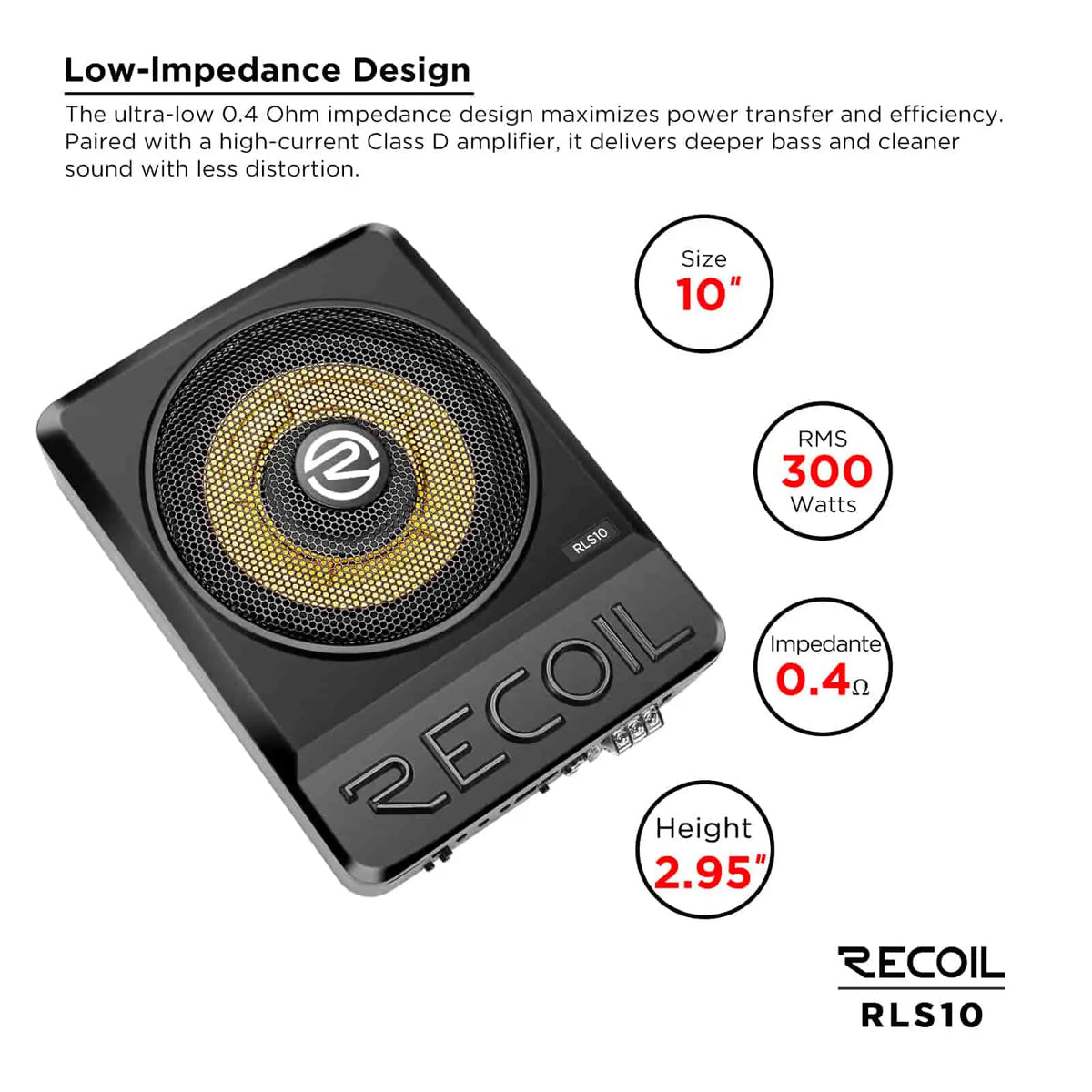 Compact black 10-inch active subwoofer with gold accents, designed for under-seat car installation. Height: 2.95 inches.