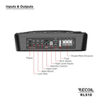 Black rear view of the Recoil RLS10 10-inch active under-seat car subwoofer, featuring various input/output ports and controls.