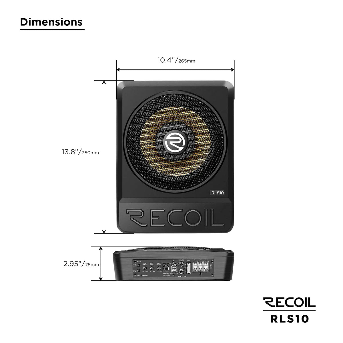 Black 10-inch ultra-thin active under-seat car subwoofer with gold mesh cone and various input options, measuring 13.8 × 10.4 × 2.95 inches.