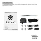 Accessory pack with installation manual, remote knob, high-level input harness, mounting brackets, and screws for Recoil RLS10 subwoofer.