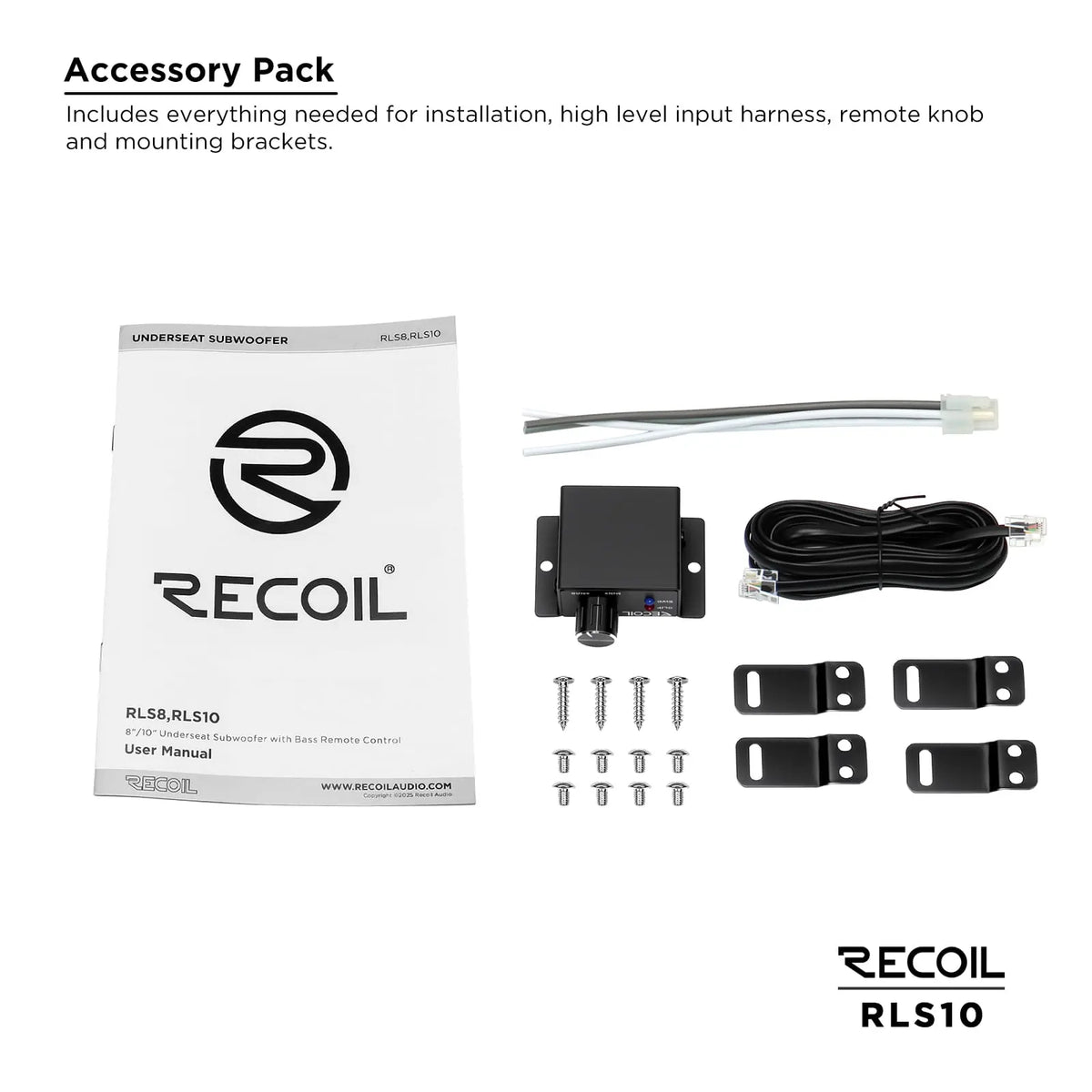 Accessory pack with installation manual, remote knob, high-level input harness, mounting brackets, and screws for Recoil RLS10 subwoofer.