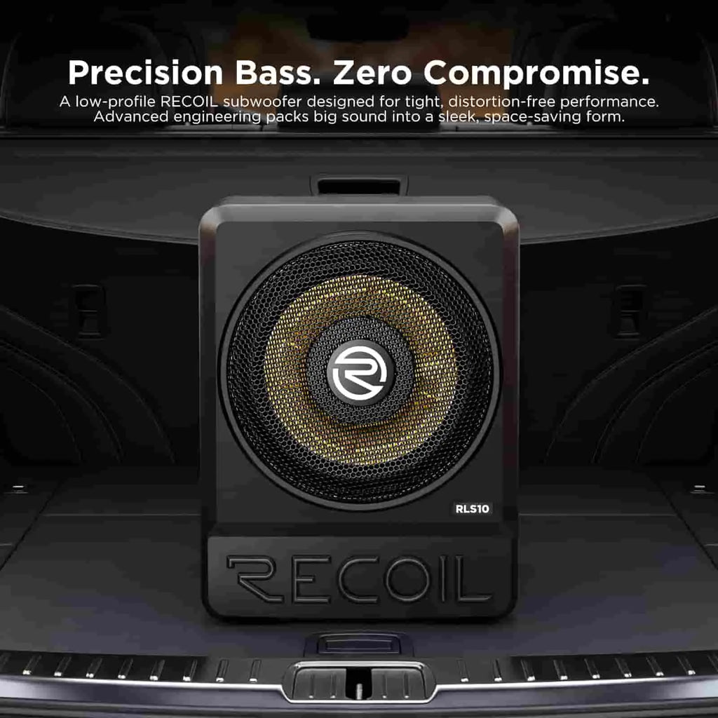 10-inch ultra-thin black Recoil RLS10 active subwoofer with gold mesh speaker grill, designed for under-seat installation.