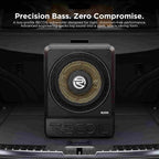 10-inch ultra-thin black Recoil RLS10 active subwoofer with gold mesh speaker grill, designed for under-seat installation.