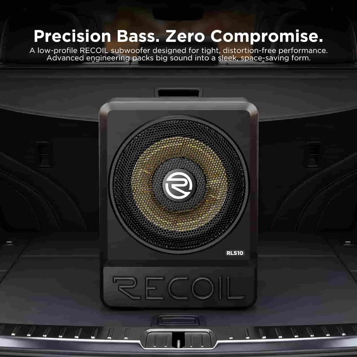 10-inch ultra-thin black Recoil RLS10 active subwoofer with gold mesh speaker grill, designed for under-seat installation.