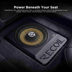 10-inch Recoil RLS10 ultra-thin under-seat subwoofer with a gold and black speaker design, installed in a compact space.
