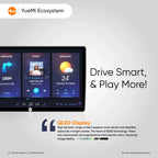 Yuemi V2 Android car stereo featuring a touchscreen display with navigation, music playback, and weather information.