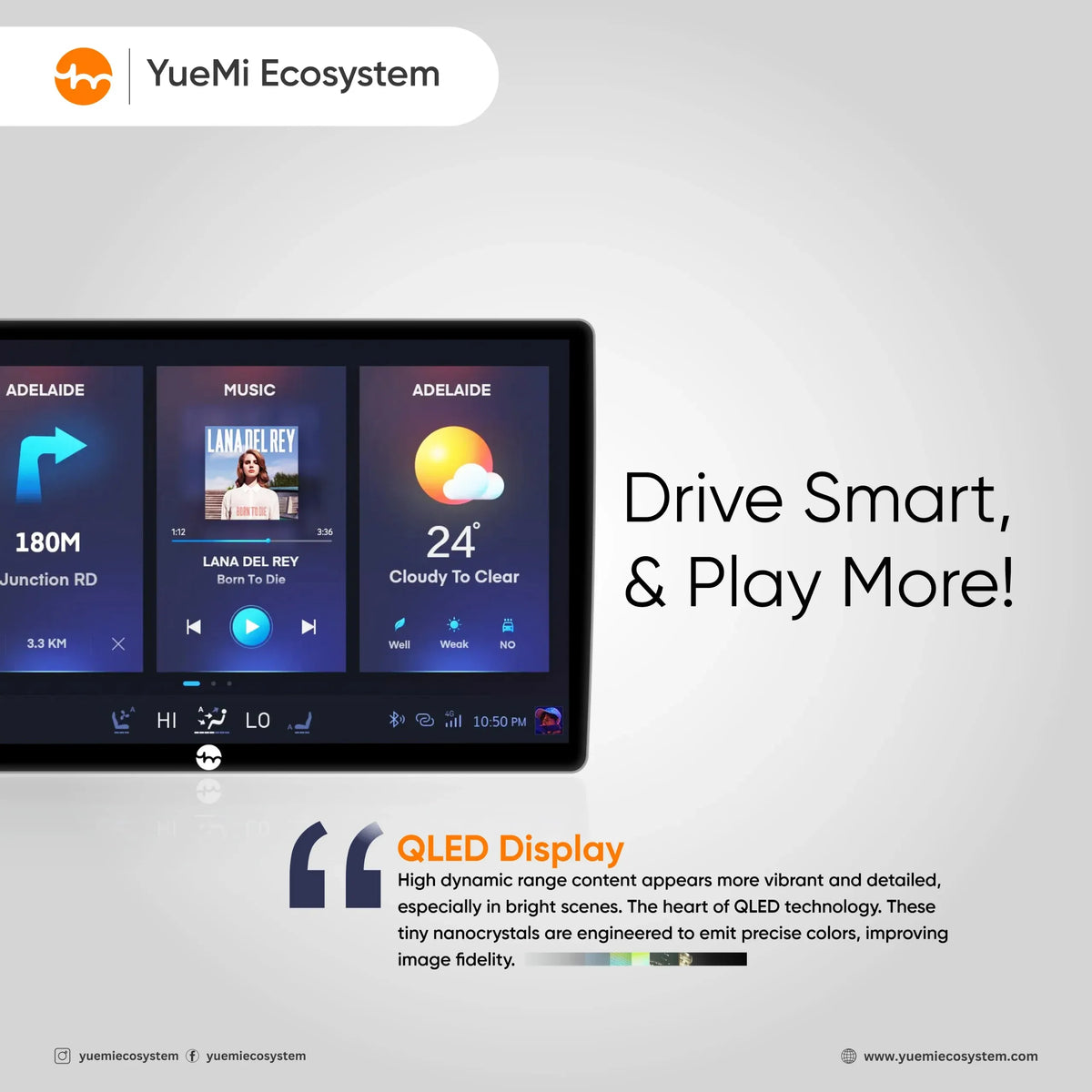 Yuemi V2 Android car stereo featuring a touchscreen display with navigation, music playback, and weather information.