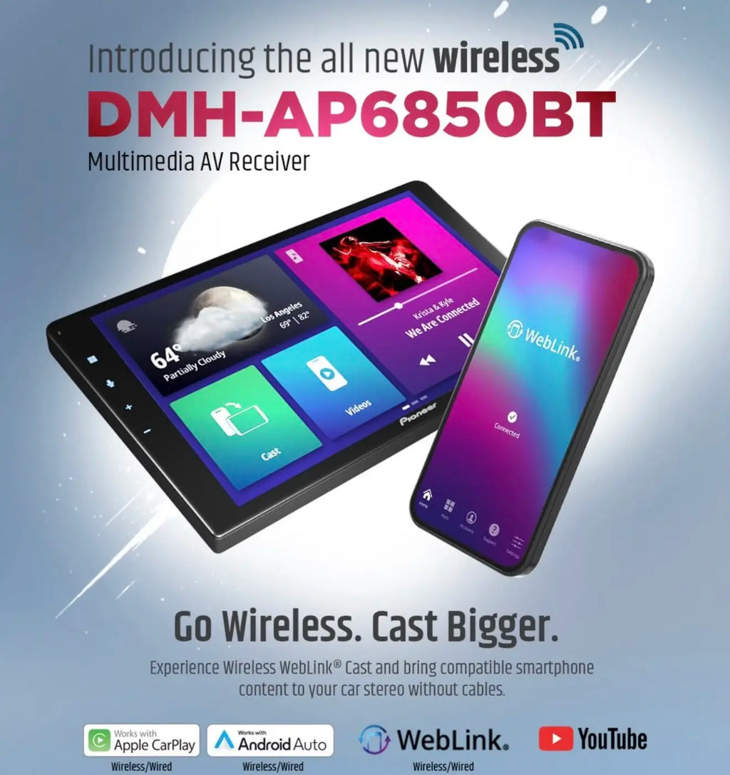 9-inch Pioneer DMH-AP6850BT touchscreen car stereo showing app interface with wireless connectivity options and a smartphone.