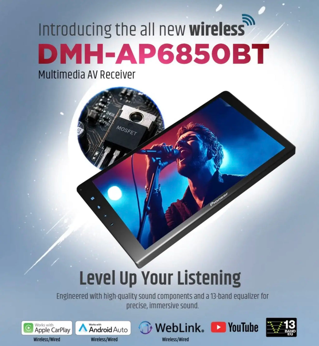 9-inch Pioneer DMH-AP6850BT car stereo with touchscreen display, featuring a modern design, displaying music performance.