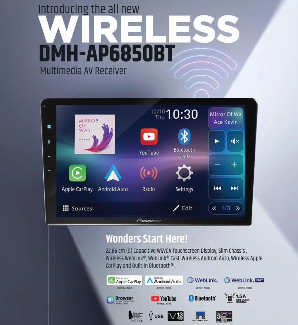 9-inch capacitive touchscreen car stereo features a vibrant display with app icons for Apple CarPlay, Android Auto, and Bluetooth.