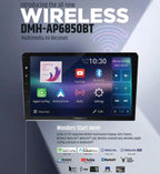 9-inch capacitive touchscreen car stereo features a vibrant display with app icons for Apple CarPlay, Android Auto, and Bluetooth.