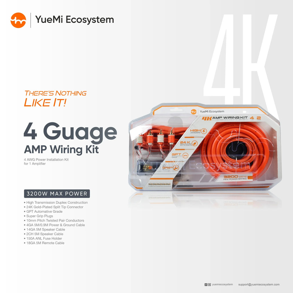 4-gauge amp wiring kit retail box showing orange power and speaker cables