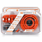 Car audio amplifier wiring kit with orange 4-gauge power cable in retail blister