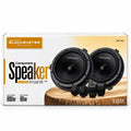 Component speaker set with two black midrange woofers, two tweeters, and mounting clips