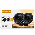 Component speaker set with two black midrange woofers, two tweeters, and mounting clips