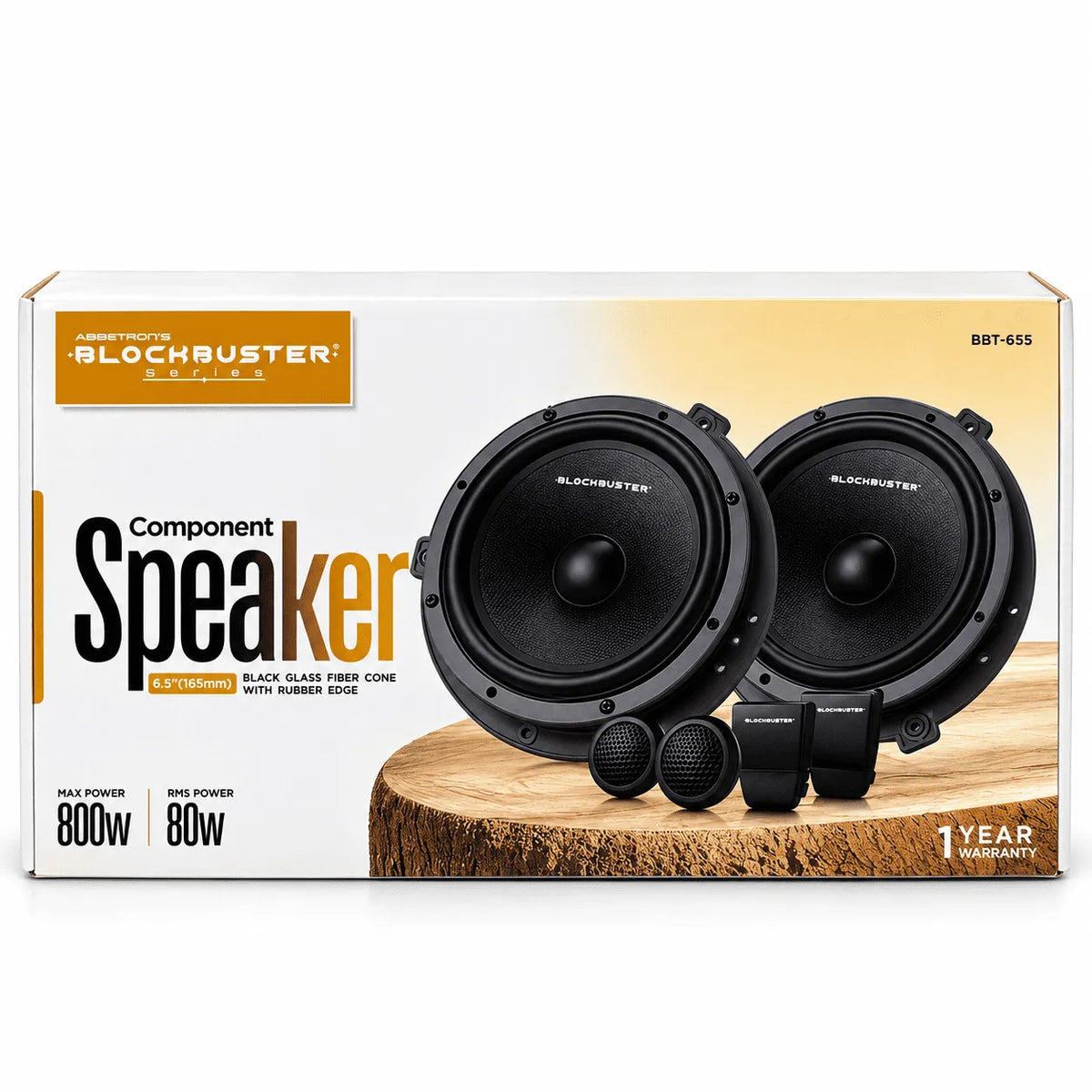 Component speaker set with two black midrange woofers, two tweeters, and mounting clips