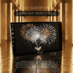 MOCO car stereo with black screen displaying fireworks graphic