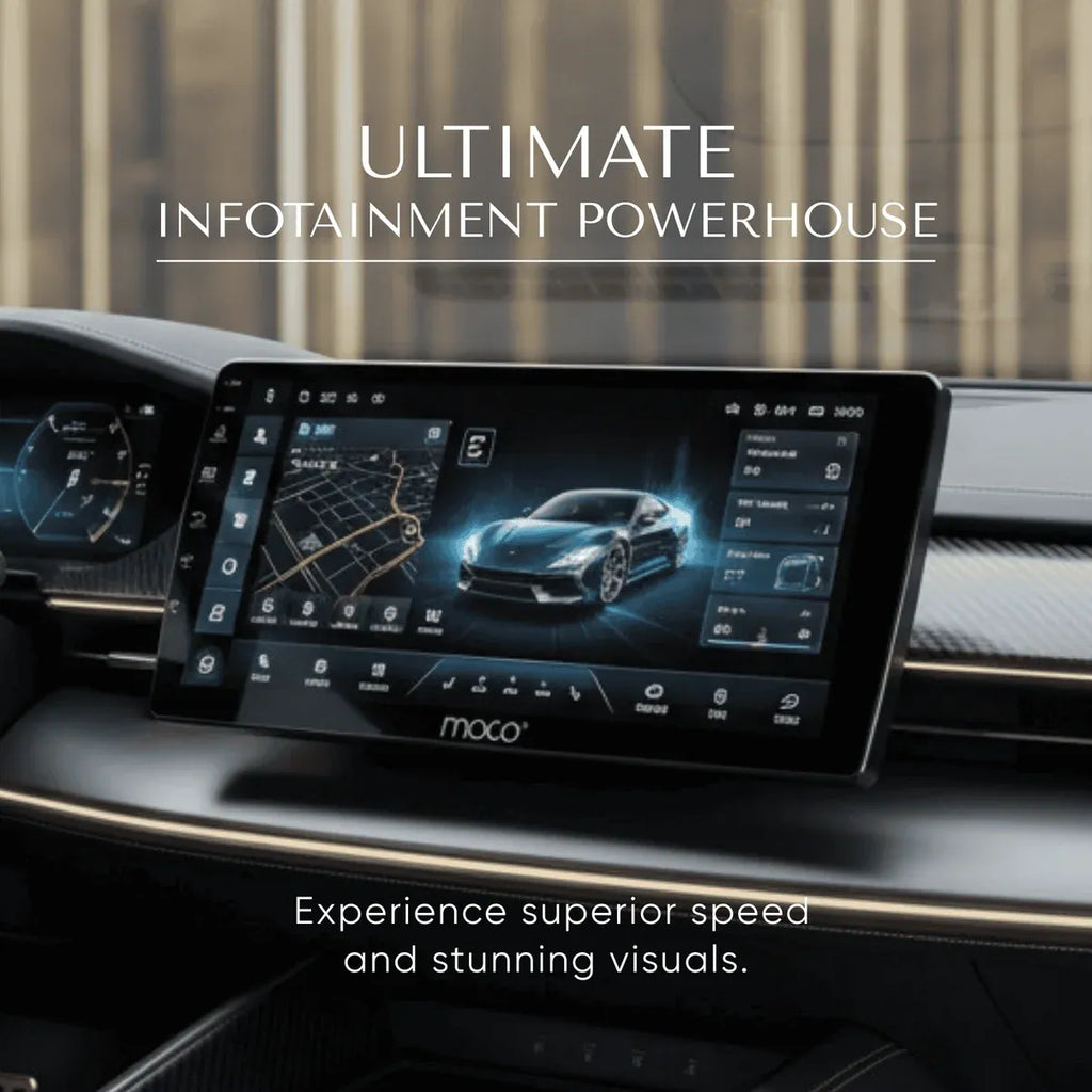 MOCO in-dash car stereo with touchscreen showing a driving scene interface