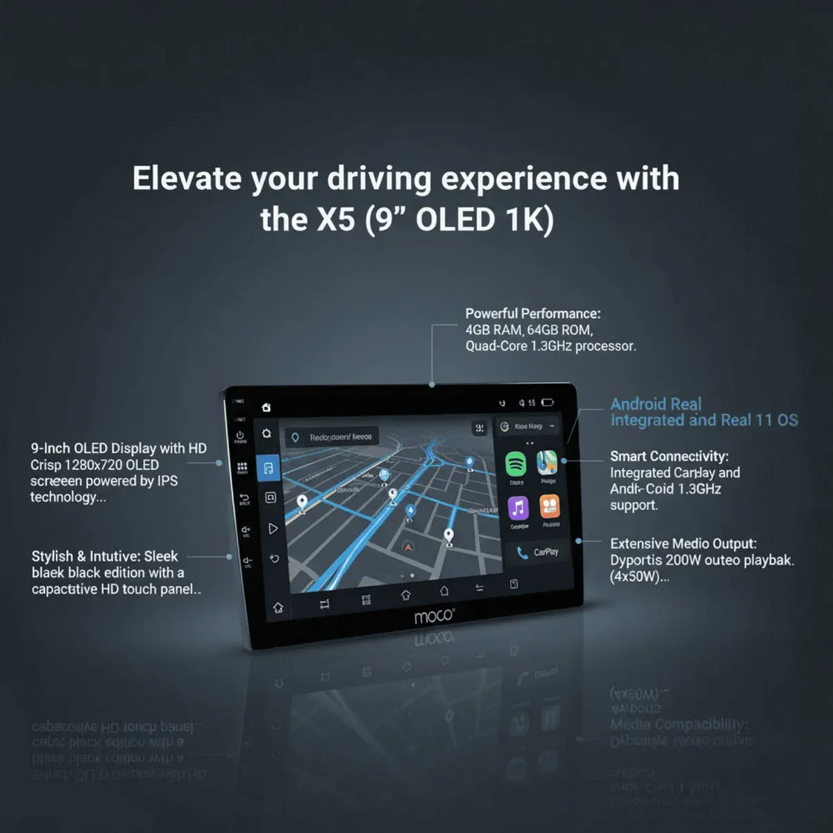 MOCO 9-inch car stereo head unit with touchscreen displaying a navigation map