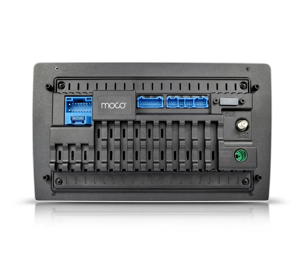 MOCO car stereo rear panel with multiple blue USB ports and connector terminals