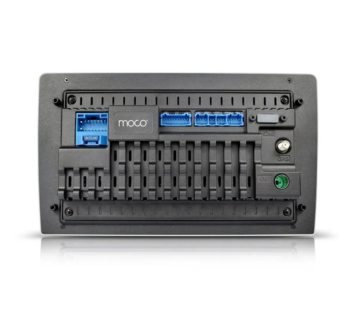 MOCO car stereo rear panel with multiple blue USB ports and connector terminals
