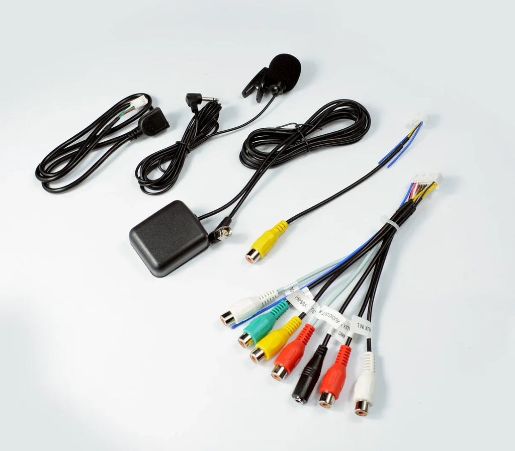 Car stereo wiring harness set with adapter box, RCA connectors, and cable bundle