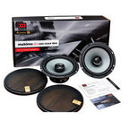 6.5-inch coaxial car speaker set with tweeters and mesh grilles, black drivers